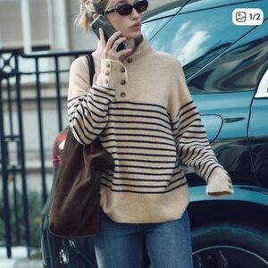 Zara Beige and Navy Striped Turtleneck Sweater